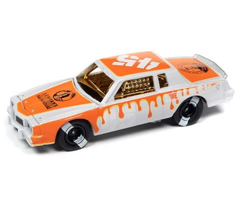1982 Pontiac Grand Prix Stock Car with Orange Graphics and White Body with Gold Accents - Demolition Derby