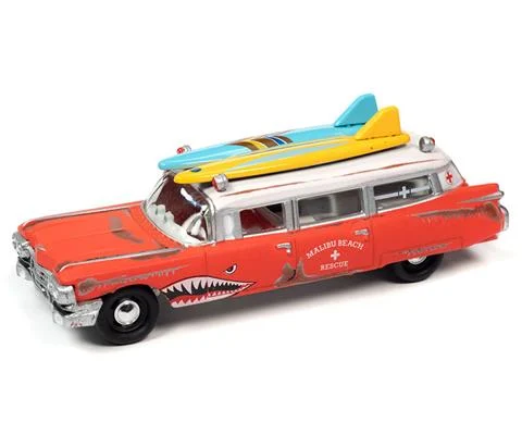 Surf Shark -1959 Cadillac Eldorado Ambulance in Faded Rusty Red and White with Beach Rescue Decos Shark Graphics and Roof-mounted