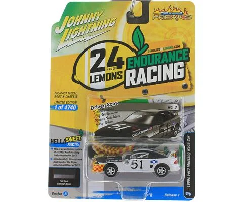 1990s Ford Mustang Race Car in Black and Dark Silver with Old Crows Graphics and White Chassis and - JOHNNY LIGHTNING