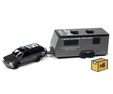 Police - 1997 Chevrolet Tahoe with Camper Trailer in Gray and Black with Police SWAT Graphics- 6 pieces in a