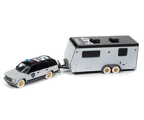 Police - 1997 Chevrolet Tahoe with Camper Trailer WHITE LIGHTNING Chase Unit with Police SWAT Graphics