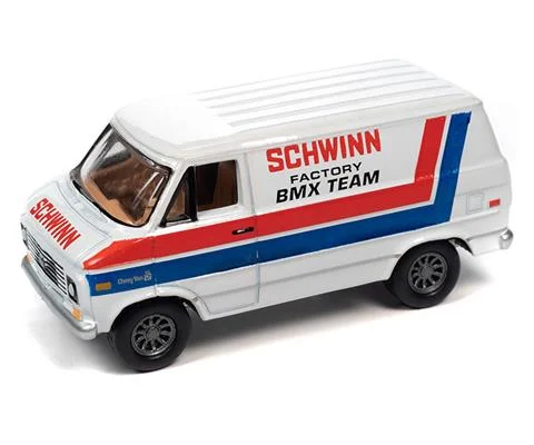 Schwinn 1976 Chevrolet Van G20 BMX/Freestyle Bikes in White with Red and Blue Stripes - JOHNNY LIGHTNING