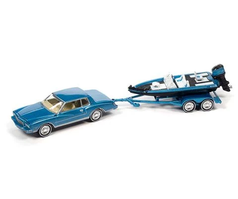 1980 Chevrolet Monte Carlo with Bass Boat in Bright Blue Poly - JOHNNY LIGHTNING
