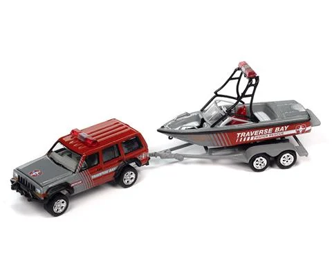 Traverse Bay Water Rescue - 1988 Jeep Cherokee with Mastercraft Boat and Light Bar in Flame Red
