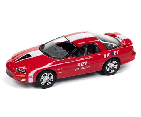 Nickey 2002 Chevrolet Camaro ZL1 in Red with White Stripes - JOHNNY LIGHTNING