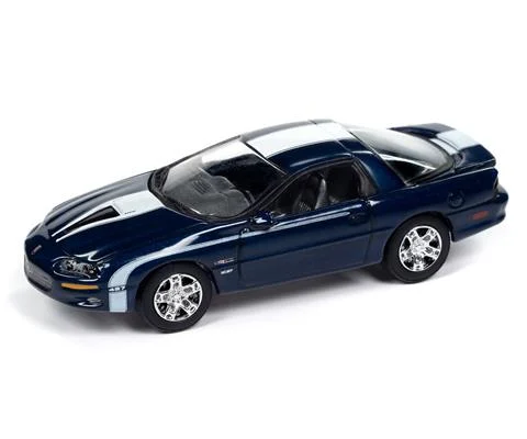 Nickey 2002 Chevrolet Camaro ZL1 in Metallic Blue with White Stripes - JOHNNY LIGHTNING