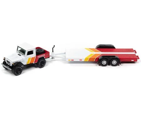 1980 Toyota Land Cruiser with Open Car Trailer in White with Toyota Graphics - JOHNNY LIGHTNING