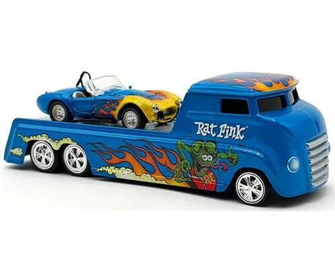 Rat Fink - Hauler with Cobra Super Snake Convertible in Blue Metallic with Flames