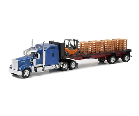 Kenworth W900 with a Flatbed Trailer with Forklift and Pallets - NEW-RAY
