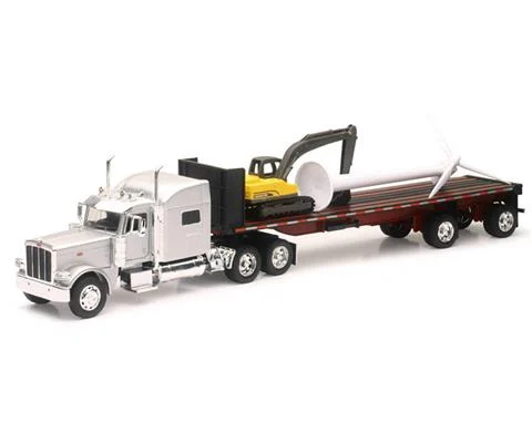Peterbilt 389 Sleeper Cab with an Excavator and a Wind Turbine on a Flatbed Trailer - NEW-RAY