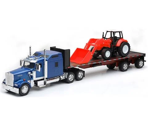 Kenworth W900 Semi Truck in Blue with Flatbed Trailer and Farm Tractor with Front Loader in Red - NEW-RAY