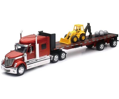 International Lonestar with a Wheel Loader and Boulders on a Flatbed Trailer - NEW-RAY