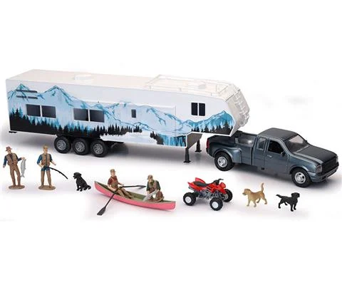 Pickup Truck in Grey with Fifth Wheel Camper and Accessories - NEW-RAY