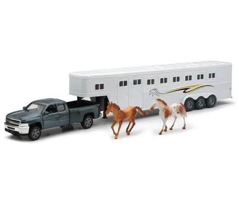 Chevrolet Silverado Pickup Truck in Gray with Fifth Wheel Horse Trailer and Two Horses - NEW-RAY