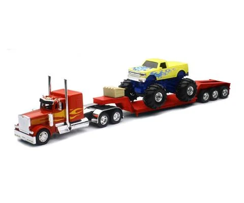 Peterbilt 389 Semi Truck with Lowboy Trailer and Monster Truck - NEW-RAY
