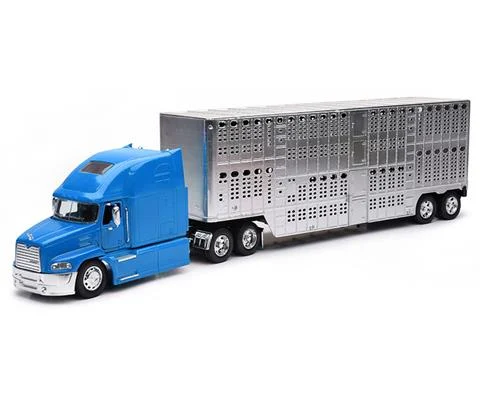 Mack Pinnacle Semi Truck in Blue with Livestock Trailer in Chrome - NEW-RAY