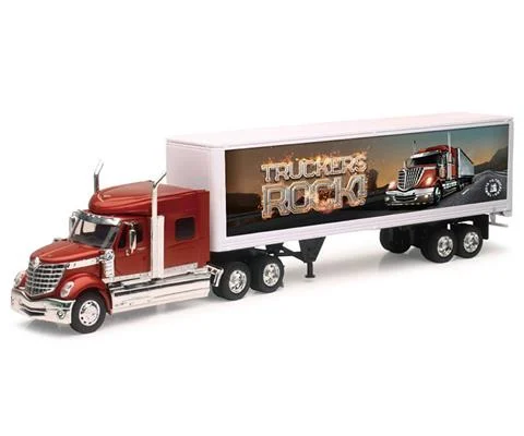 International Lonestar Tractor in Red with Dry Van Trailer in White with Truckers Rock Graphics - NEW-RAY
