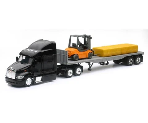 Peterbilt 387 Semi Truck with Flatbed Trailer Forklift and Hay Bales - NEW-RAY