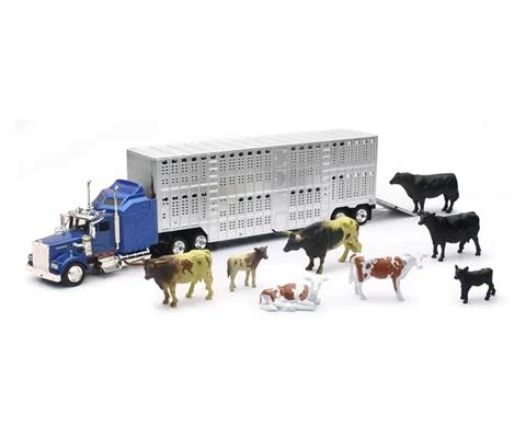 Kenworth W900 Sleeper Cab in Blue with 2-Axle Chrome Livestock Trailer and Cows