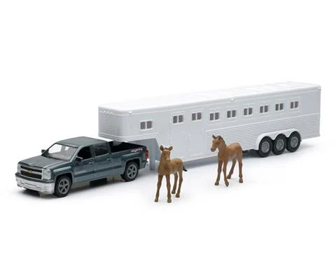 Chevrolet Silverado Pickup Truck with Gooseneck Horse Trailer and Two Horses - NEW-RAY
