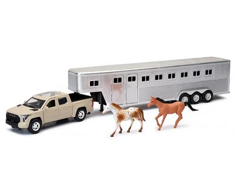 Toyota Tundra Pro Pickup in Mud Bath Beige with Chrome Horse Trailer and Two Horses - NEW-RAY