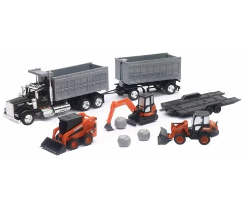 Kenworth W900 Dump Truck with Black Cab and Kubota Vehicles Playset - NEW-RAY