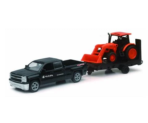 Kubota M5-111 Wheel Loader on Trailer with a Chevrolet Silverado Pickup Truck