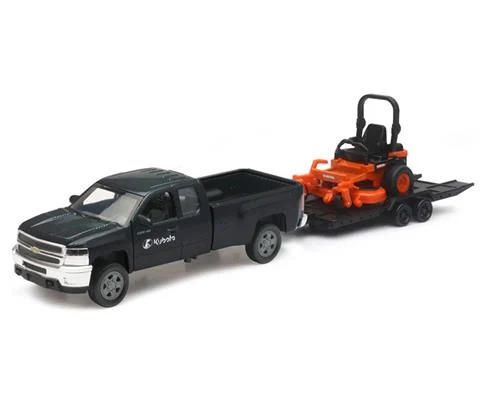 Kubota - Chevrolet Pickup in Black with Flatbed Trailer and Kubota Z700 Lawn Mower