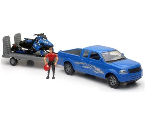Pickup Truck in Blue with Silver Decal with Flatbed Trailer and Polaris Switchback Snowmobile - NEW-RAY