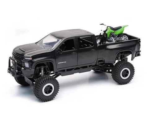 Chevrolet 3500 Off Road Pickup Truck in Black with Green Dirt Bike - NEW-RAY
