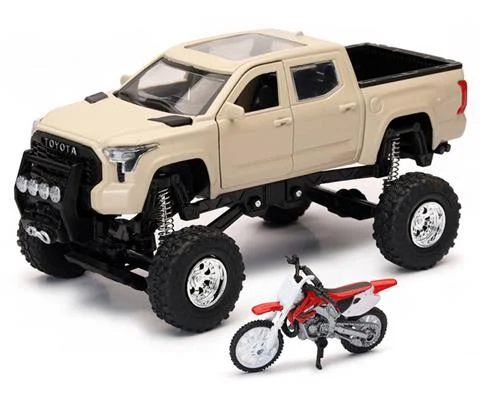 Toyota Tundra Pro Lifted Off-Road Pickup in Mud Bath Beige with Honda Dirt Bike in Red and White