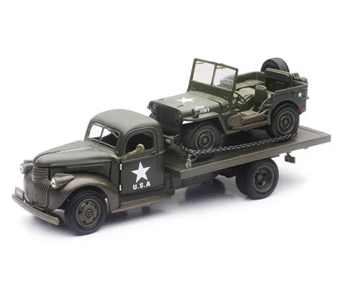 1941 Chevrolet Flatbed Truck in Military Livery Hauling a Jeep Willys - NEW-RAY