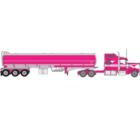 990 Kenworth W900 Semi with Tri Axle Petroleum Tanker in Pink - IXO AMERICA