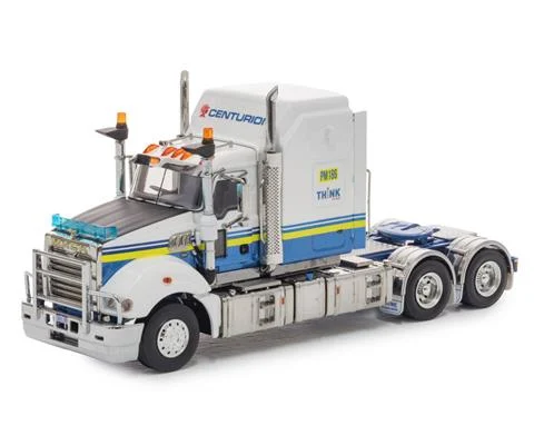 Centurion - Mack Super-Liner Semi Truck with Sleeper Cab in White with Blue and Yellow Stripes and Think Safe Act