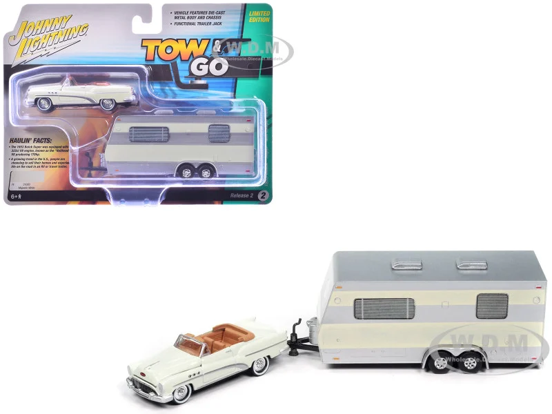 1953 Buick Super Cream with Travel Trailer Limited Edition "Tow & Go" Series 1/64 Diecast Model Car by Johnny Lightning - Buick Models